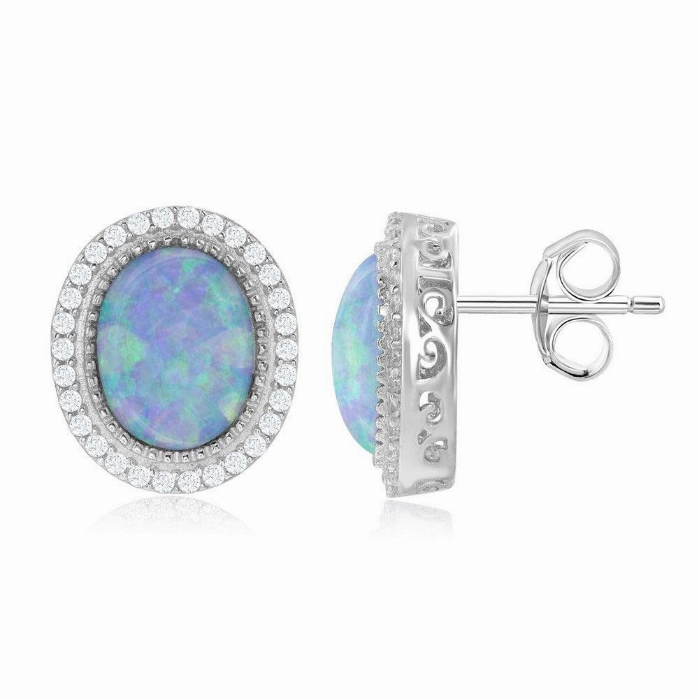 Sterling Silver White Oval Opal CZ Border Earrings