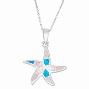 Sterling Silver White; Pink; and Blue Inlay Opal Starfish Pendant