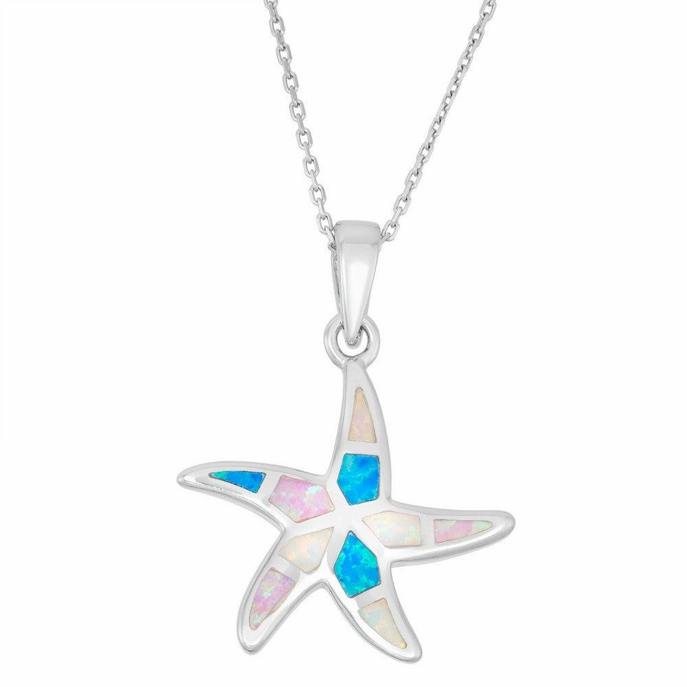 Sterling Silver White; Pink; and Blue Inlay Opal Starfish Pendant