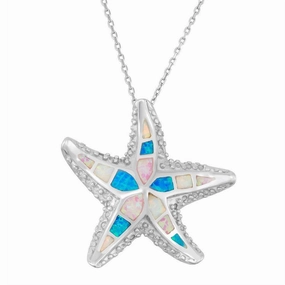 Sterling Silver White; Pink; and Blue Inlay Opal Starfish Pendant