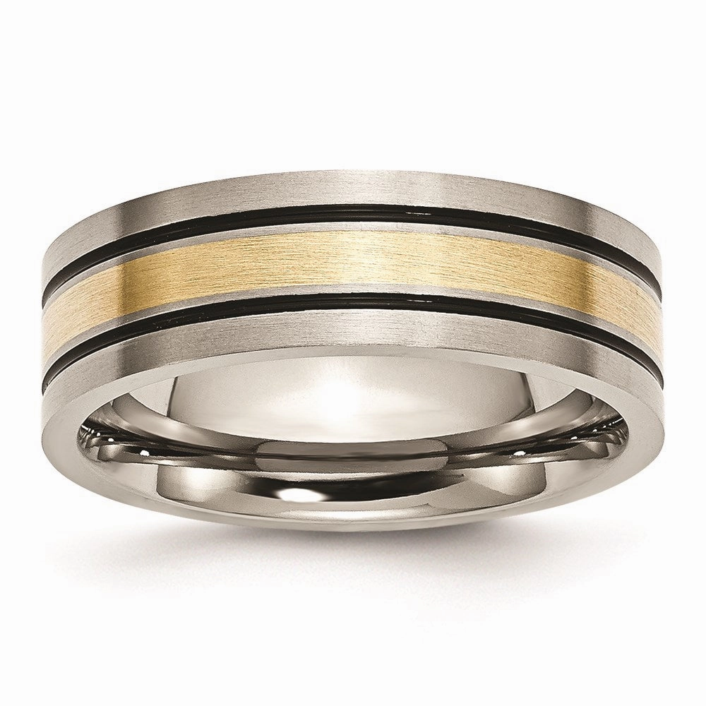 Titanium 14k Yellow Inlay Flat 7mm Brushed and Antiqued Band | TB20