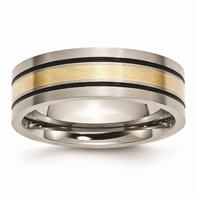 Titanium 14k Yellow Inlay Flat 7mm Brushed and Antiqued Band | TB20