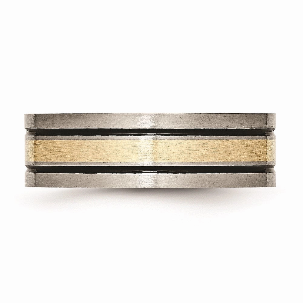 Titanium 14k Yellow Inlay Flat 7mm Brushed and Antiqued Band | TB20