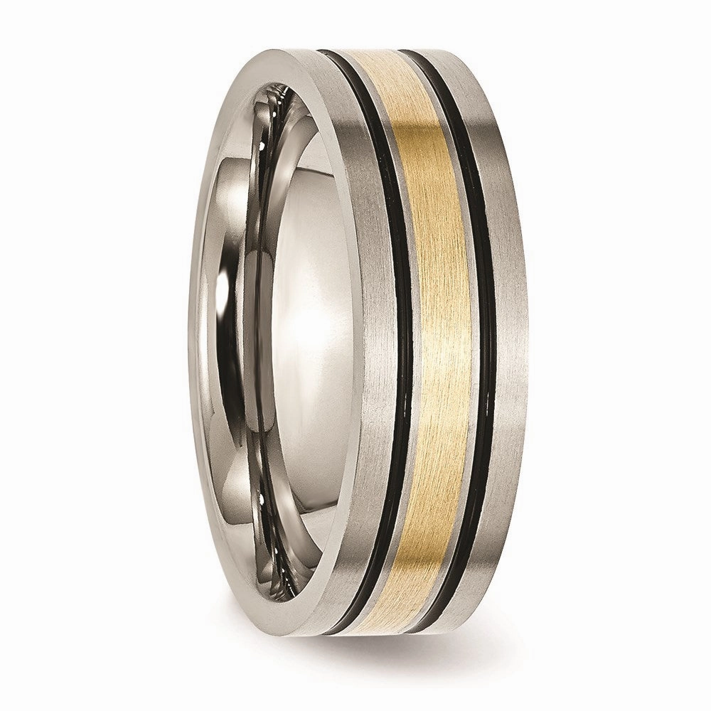Titanium 14k Yellow Inlay Flat 7mm Brushed and Antiqued Band | TB20