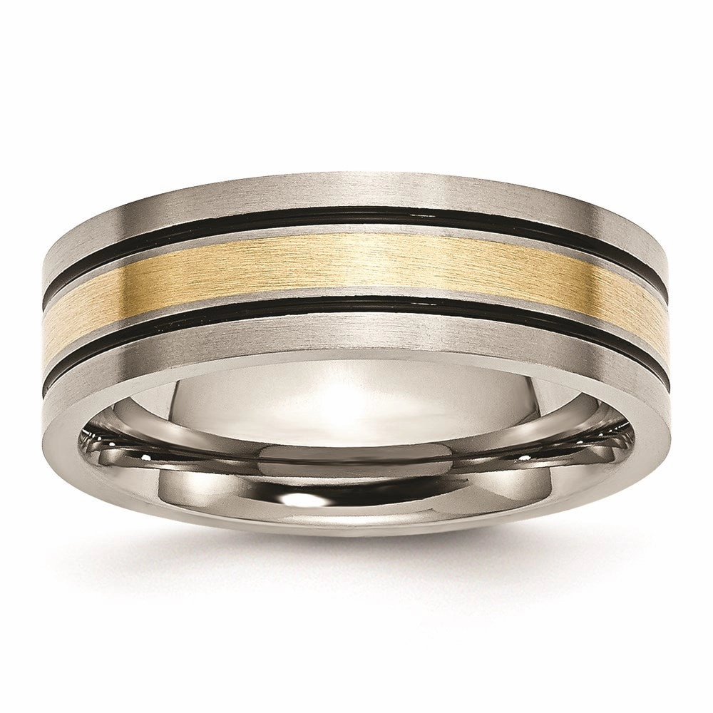 Titanium 14k Yellow Inlay Flat 7mm Brushed and Antiqued Band | TB20