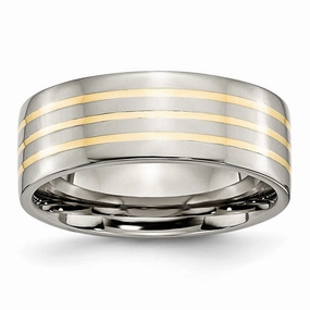 Titanium 14k Yellow Inlay Flat 8mm Polished Band | TB227