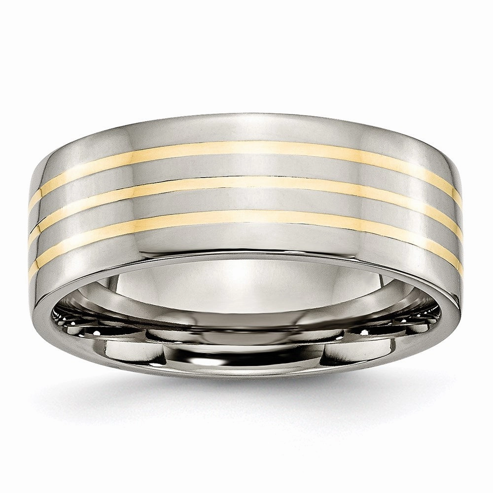 Titanium 14k Yellow Inlay Flat 8mm Polished Band | TB227