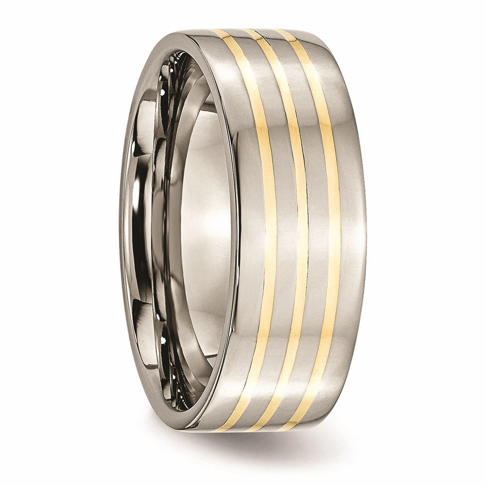 Titanium 14k Yellow Inlay Flat 8mm Polished Band | TB227