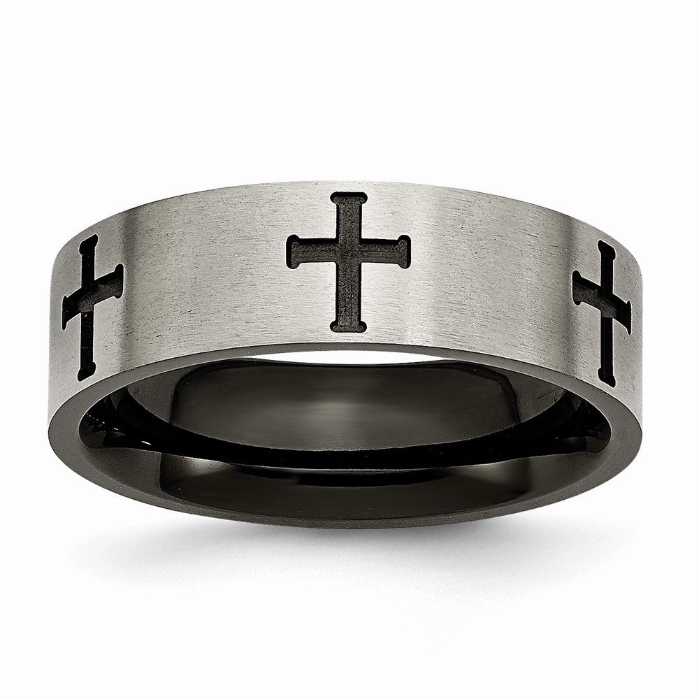 Titanium 7mm Cross Black IP-plated Brushed & Polished Band | TB301