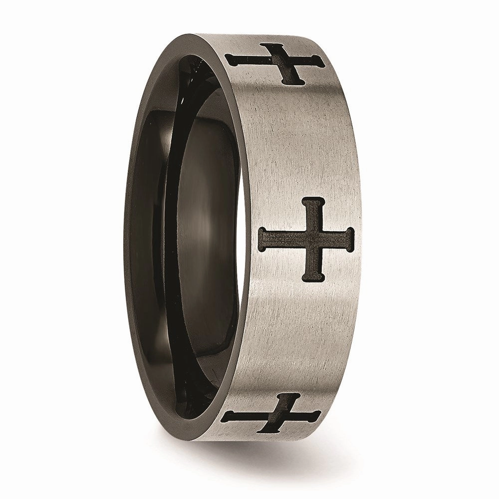 Titanium 7mm Cross Black IP-plated Brushed & Polished Band | TB301