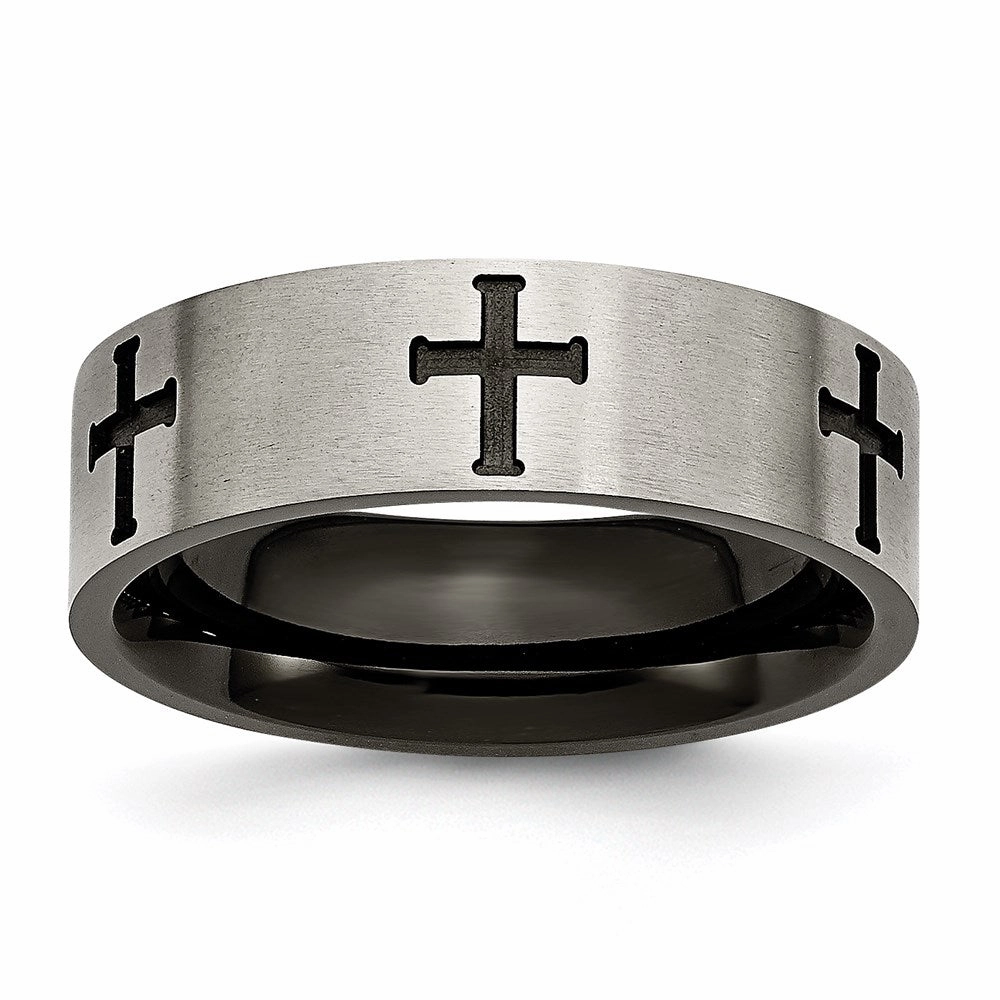 Titanium 7mm Cross Black IP-plated Brushed & Polished Band | TB301