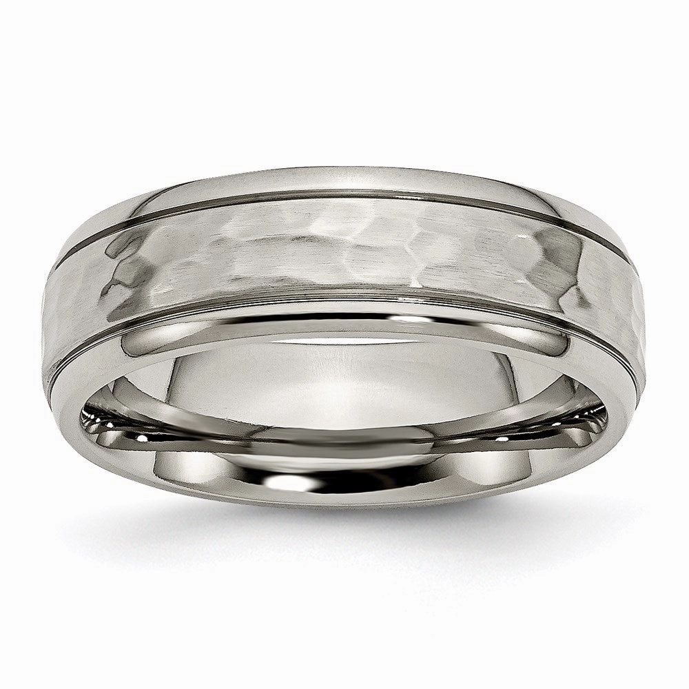 Titanium 7mm Grooved Edge Hammered and Polished Band | TB237