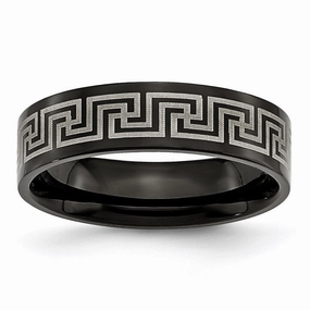 Titanium Black IP-plated Greek Key Laser Etched 6mm Brushed/Polished Band | TB363