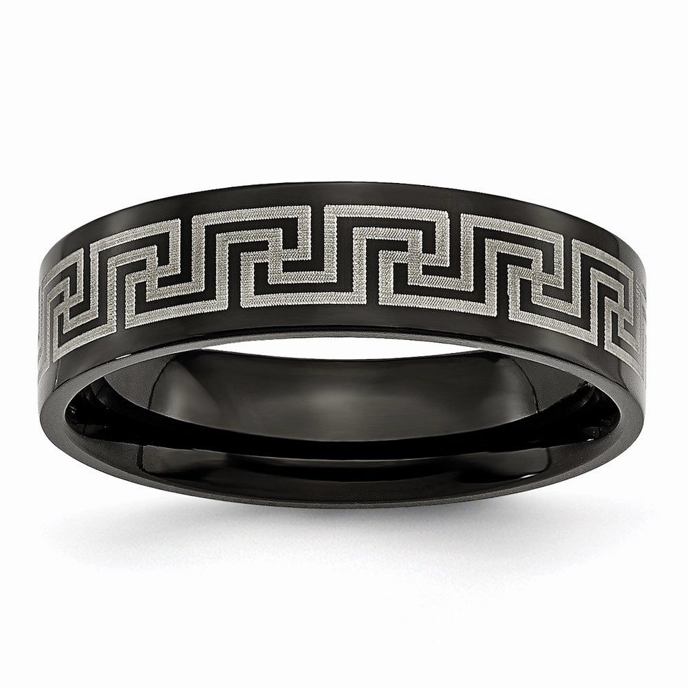 Titanium Black IP-plated Greek Key Laser Etched 6mm Brushed/Polished Band | TB363