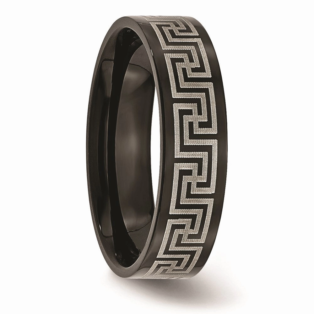 Titanium Black IP-plated Greek Key Laser Etched 6mm Brushed/Polished Band | TB363