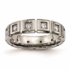 Titanium Brushed/Polished Grooved CZ Ring | TB487