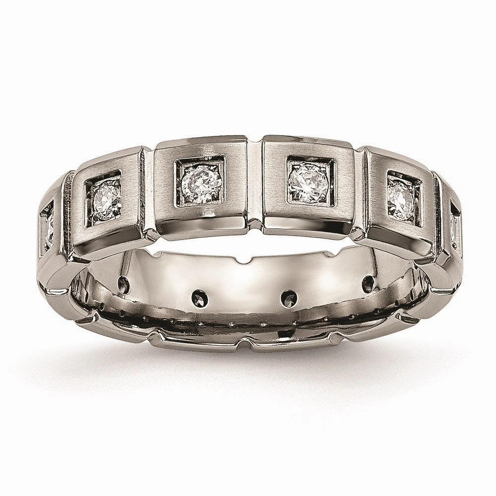 Titanium Brushed/Polished Grooved CZ Ring | TB487