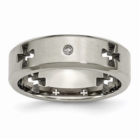 Titanium Celtic Cross Cut Out w/Diamond 7mm Brushed/Polished Band | TB264AA