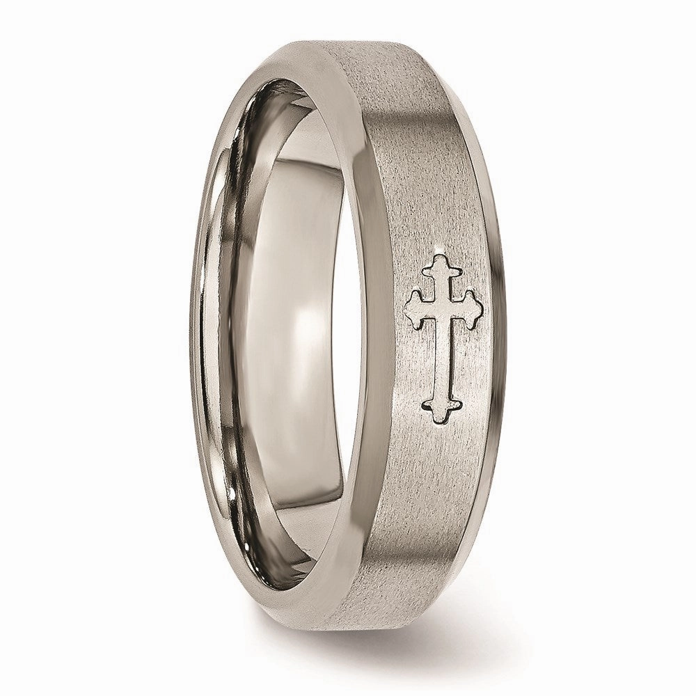 Titanium Cross Design 6mm Satin Beveled Edge Band | TB334