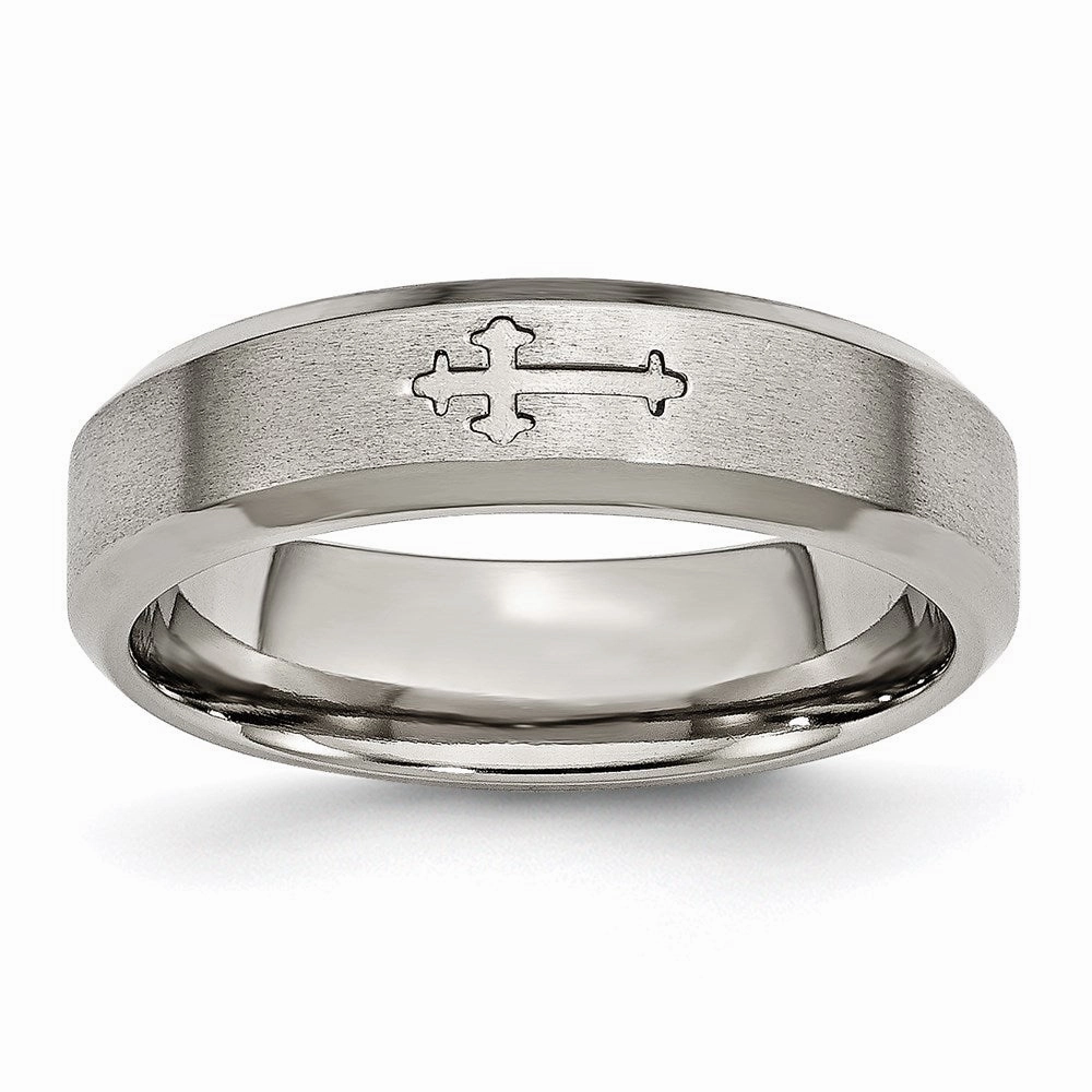 Titanium Cross Design 6mm Satin Beveled Edge Band | TB334
