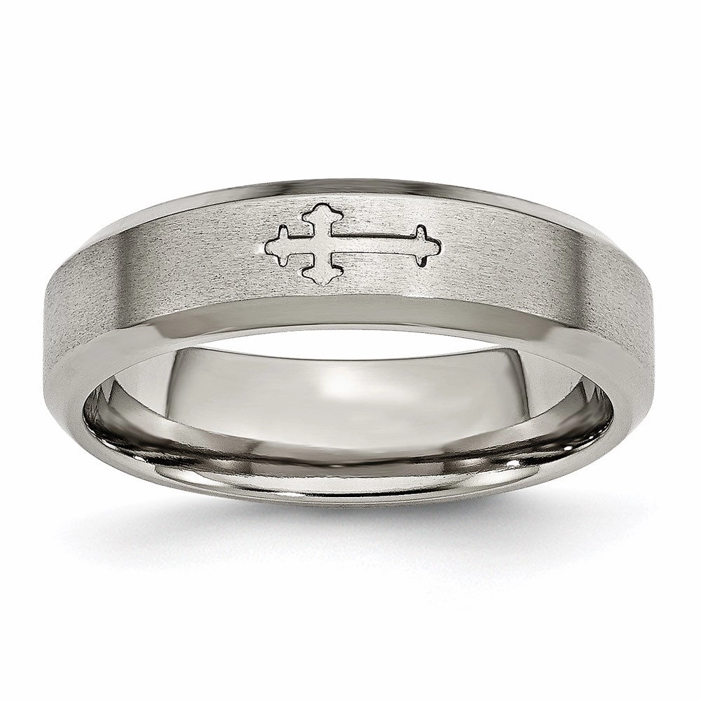 Titanium Cross Design 6mm Satin Beveled Edge Band | TB334