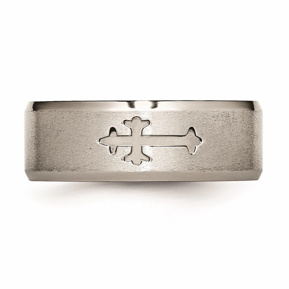 Titanium Cross Design 8mm Satin Beveled Edge Band | TB335