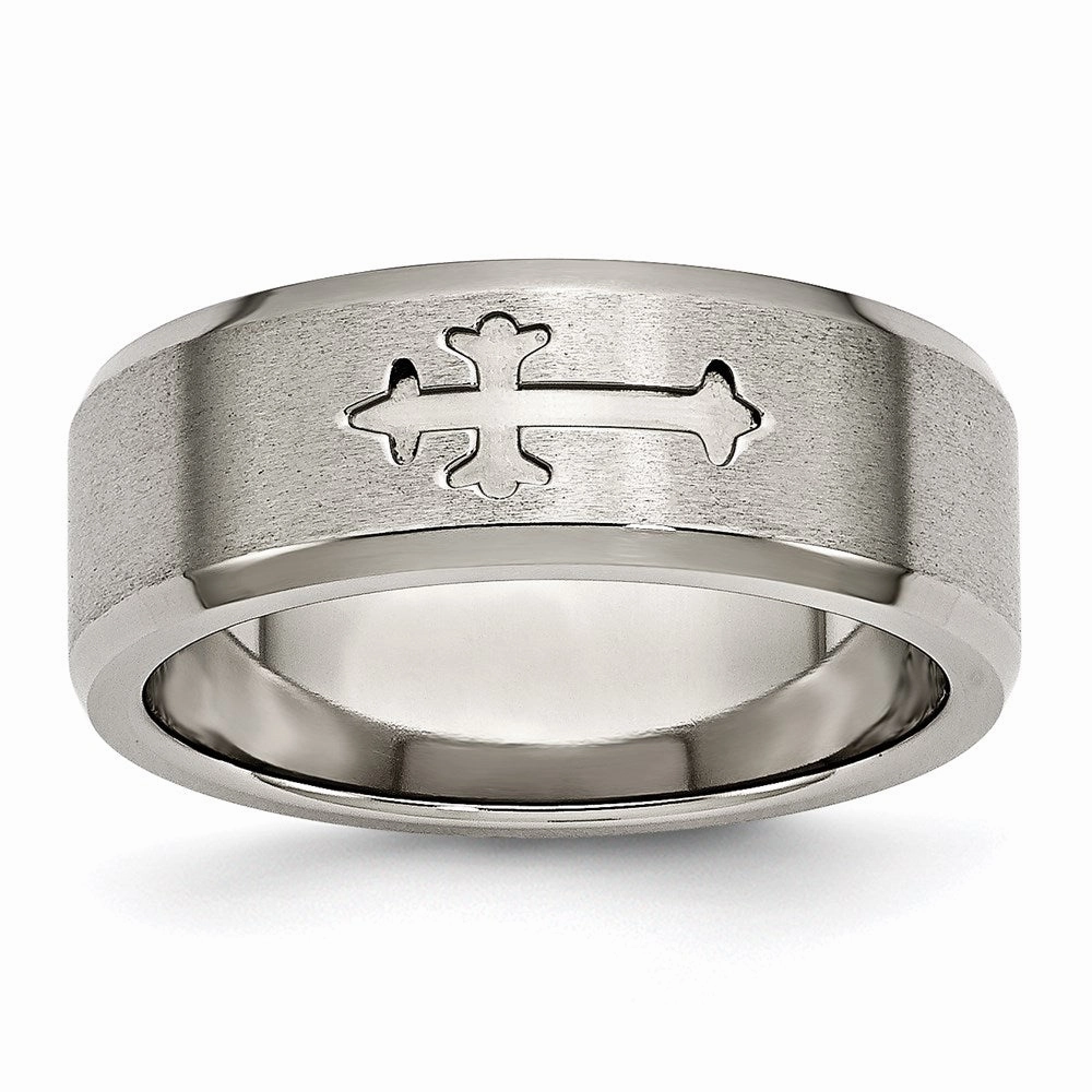 Titanium Cross Design 8mm Satin Beveled Edge Band | TB335