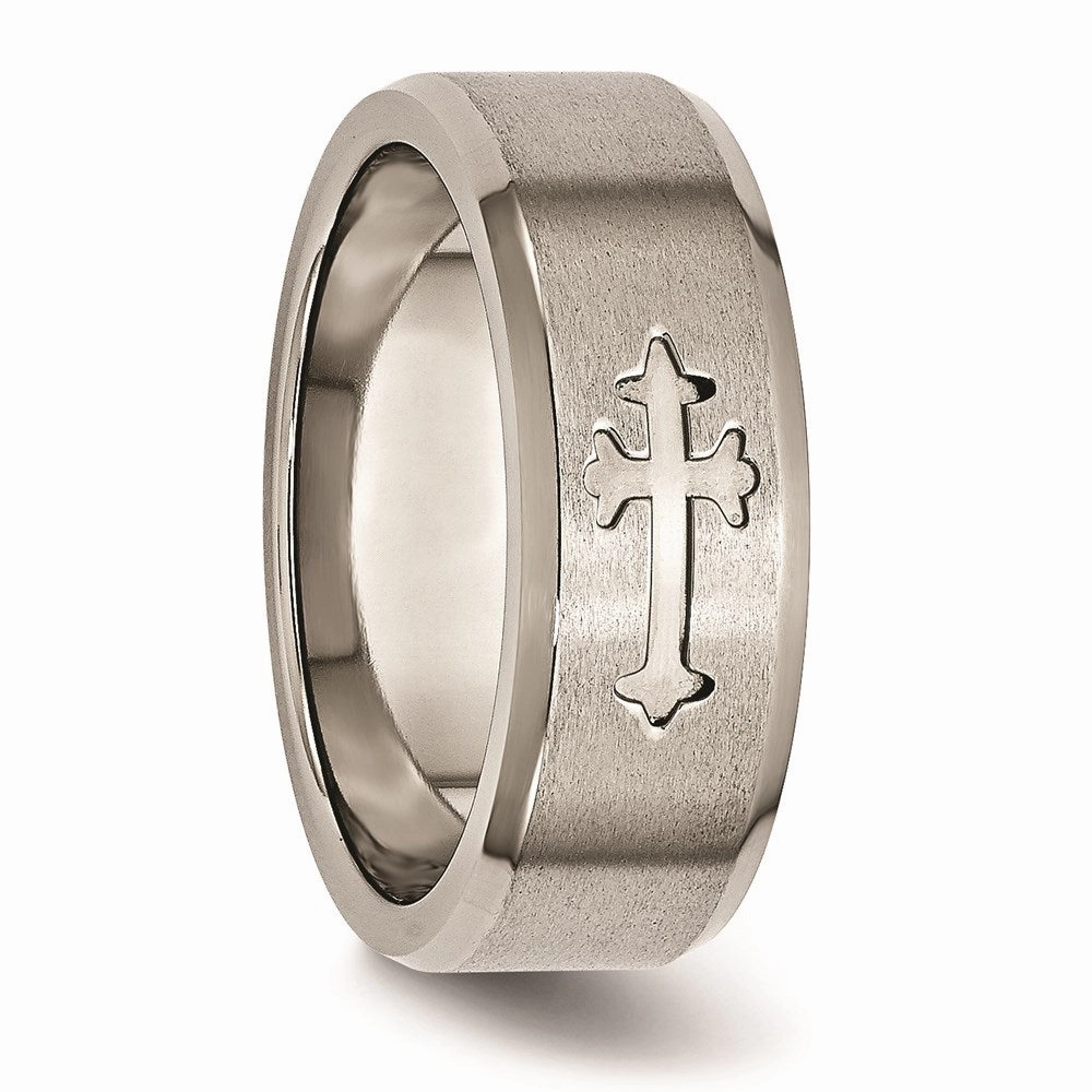 Titanium Cross Design 8mm Satin Beveled Edge Band | TB335