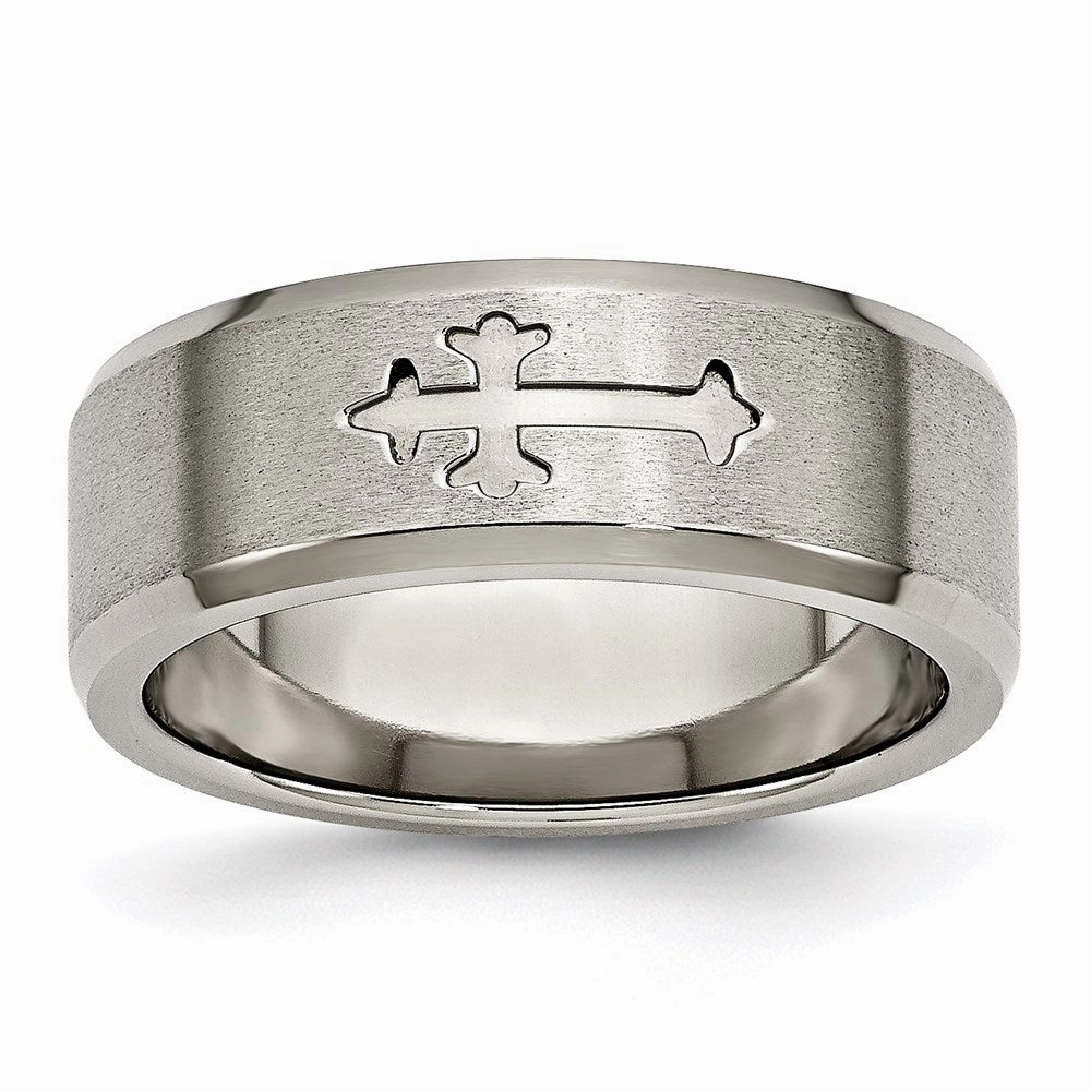 Titanium Cross Design 8mm Satin Beveled Edge Band | TB335