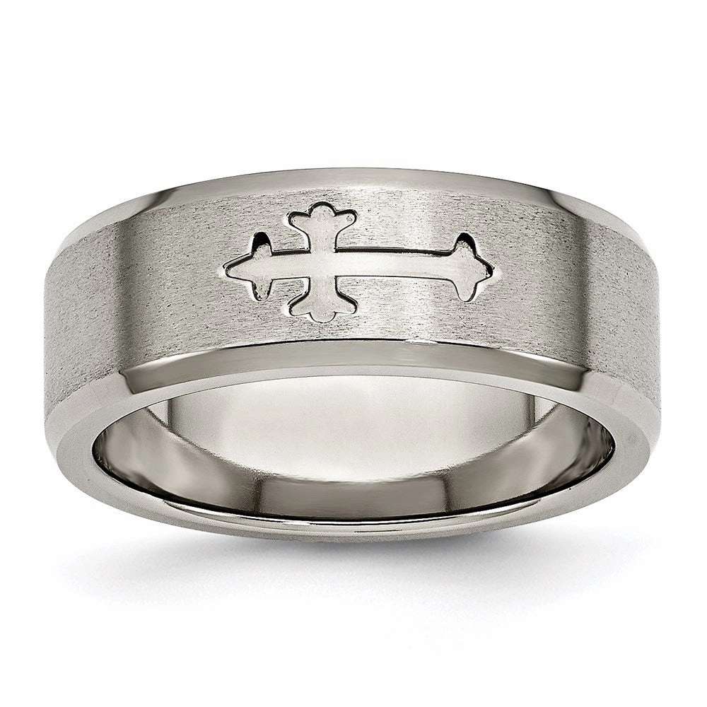 Titanium Cross Design 8mm Satin Beveled Edge Band | TB335