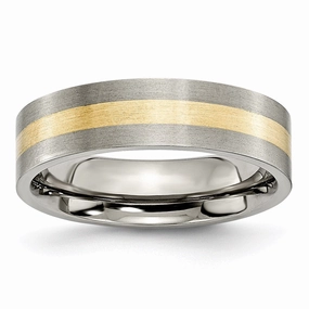 Titanium Flat 14k Yellow Inlay 6mm Brushed Band | TB217