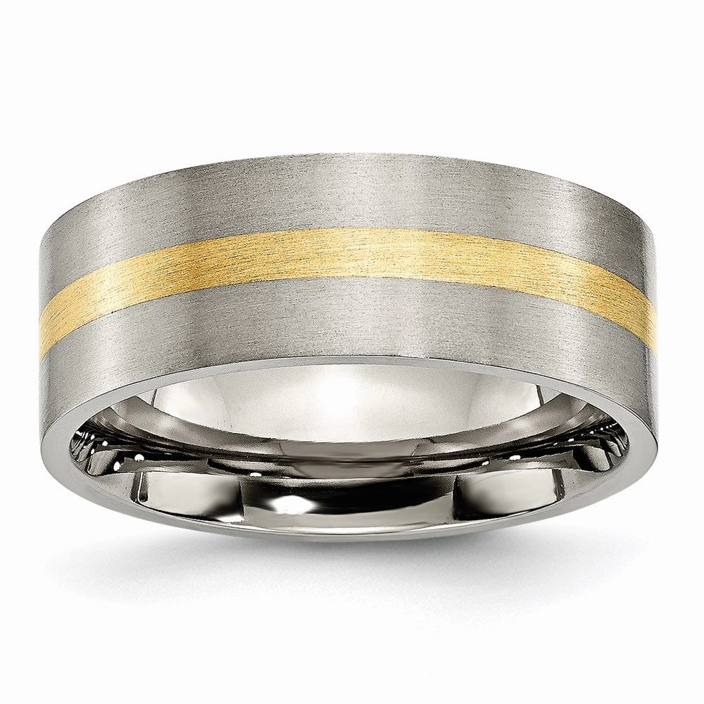 Titanium Flat 14k Yellow Inlay 8mm Brushed Band | TB218