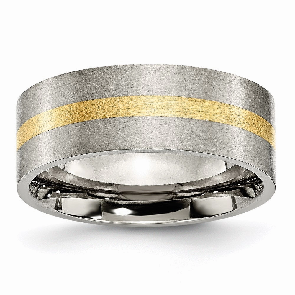 Titanium Flat 14k Yellow Inlay 8mm Brushed Band | TB218