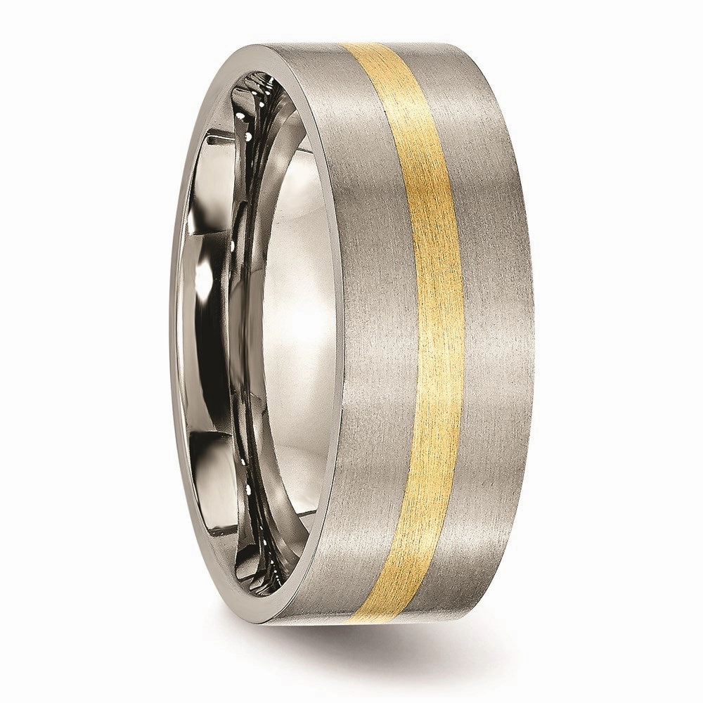 Titanium Flat 14k Yellow Inlay 8mm Brushed Band | TB218