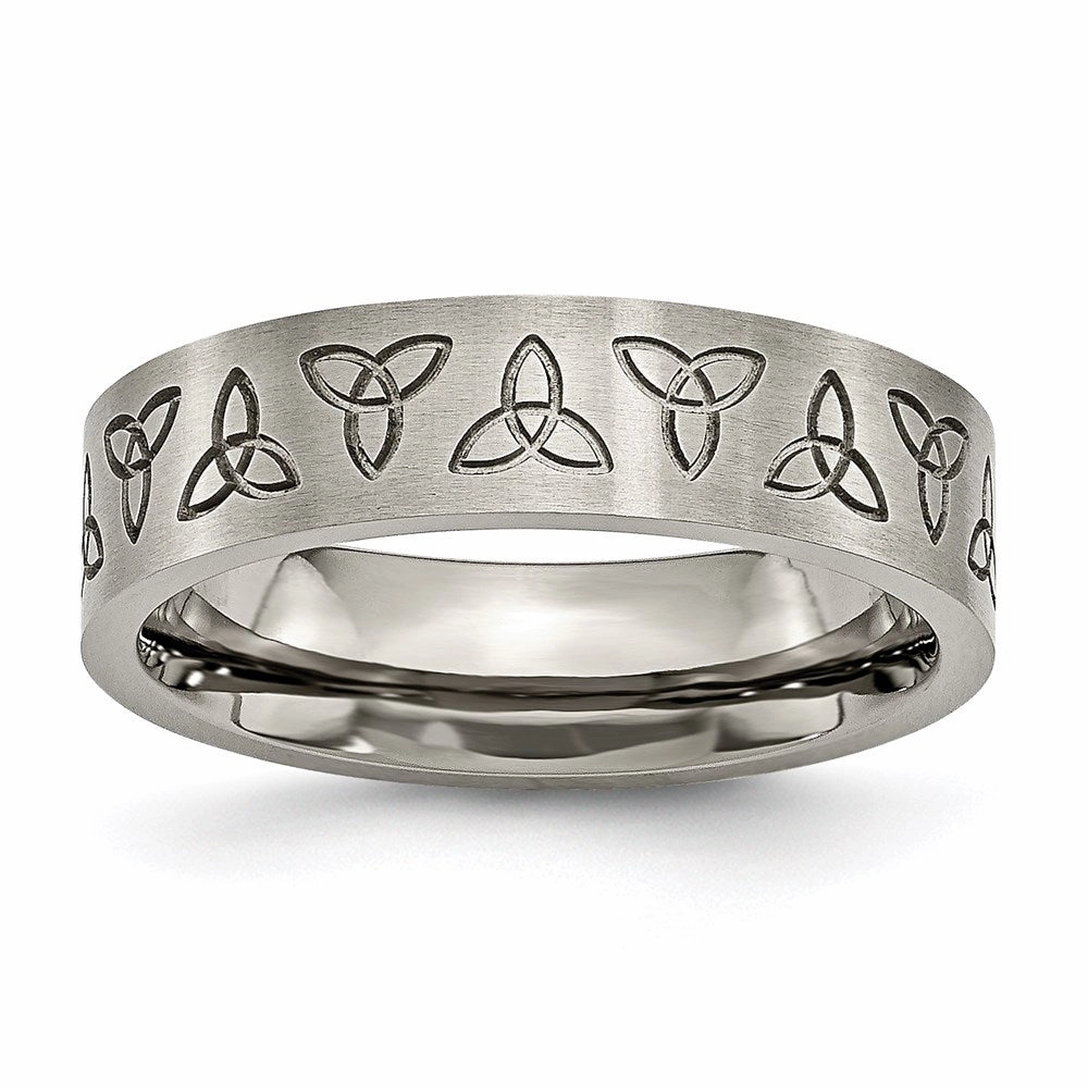 Titanium Flat Engraved Trinity Symbol Brushed 6mm Band | TB267