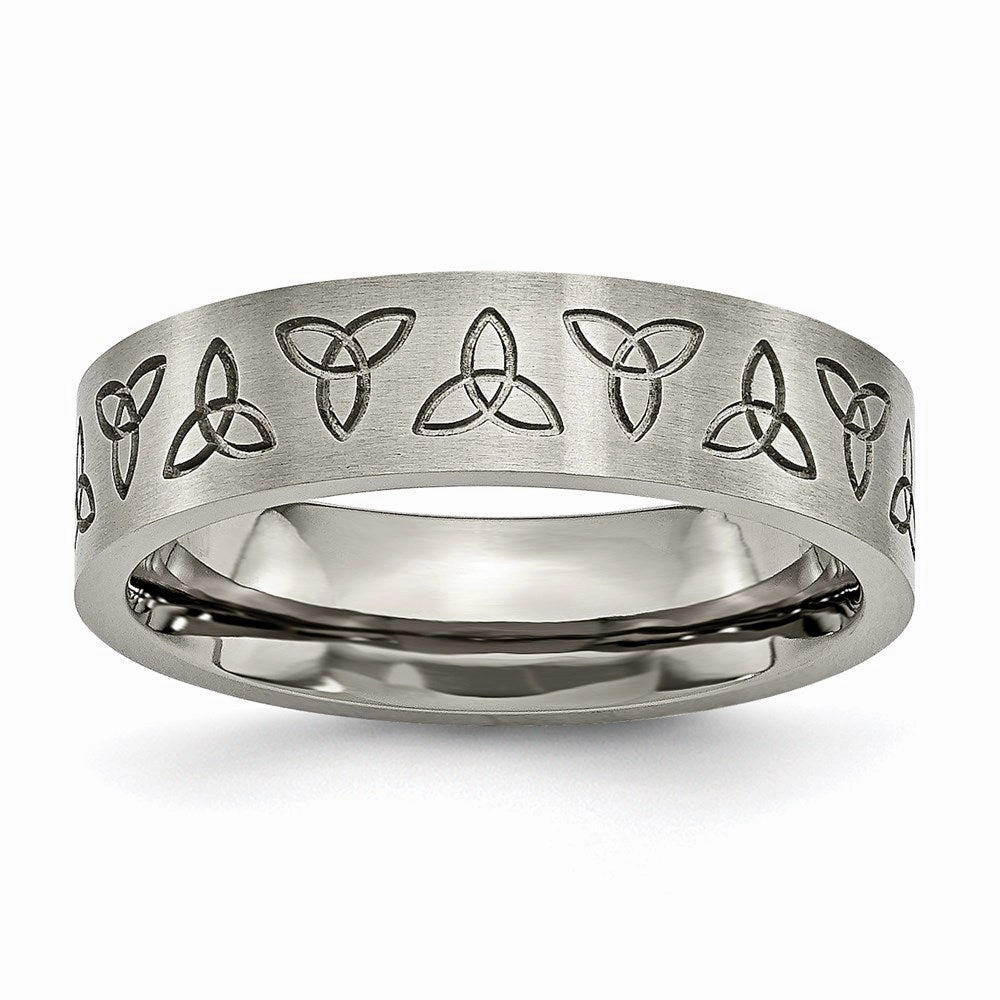 Titanium Flat Engraved Trinity Symbol Brushed 6mm Band | TB267