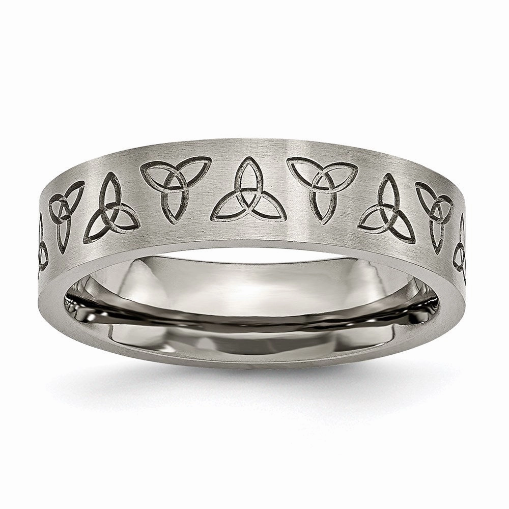 Titanium Flat Engraved Trinity Symbol Brushed 6mm Band | TB267