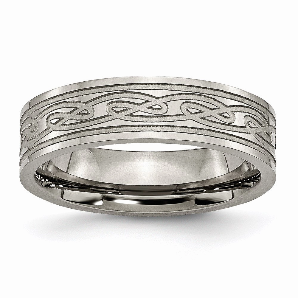 Titanium Flat Laser Etched Celtic Knot 6mm Polished Band | TB204