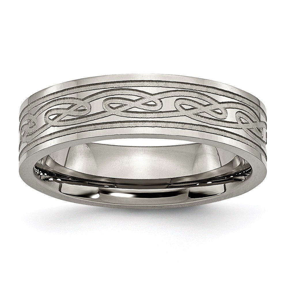 Titanium Flat Laser Etched Celtic Knot 6mm Polished Band | TB204