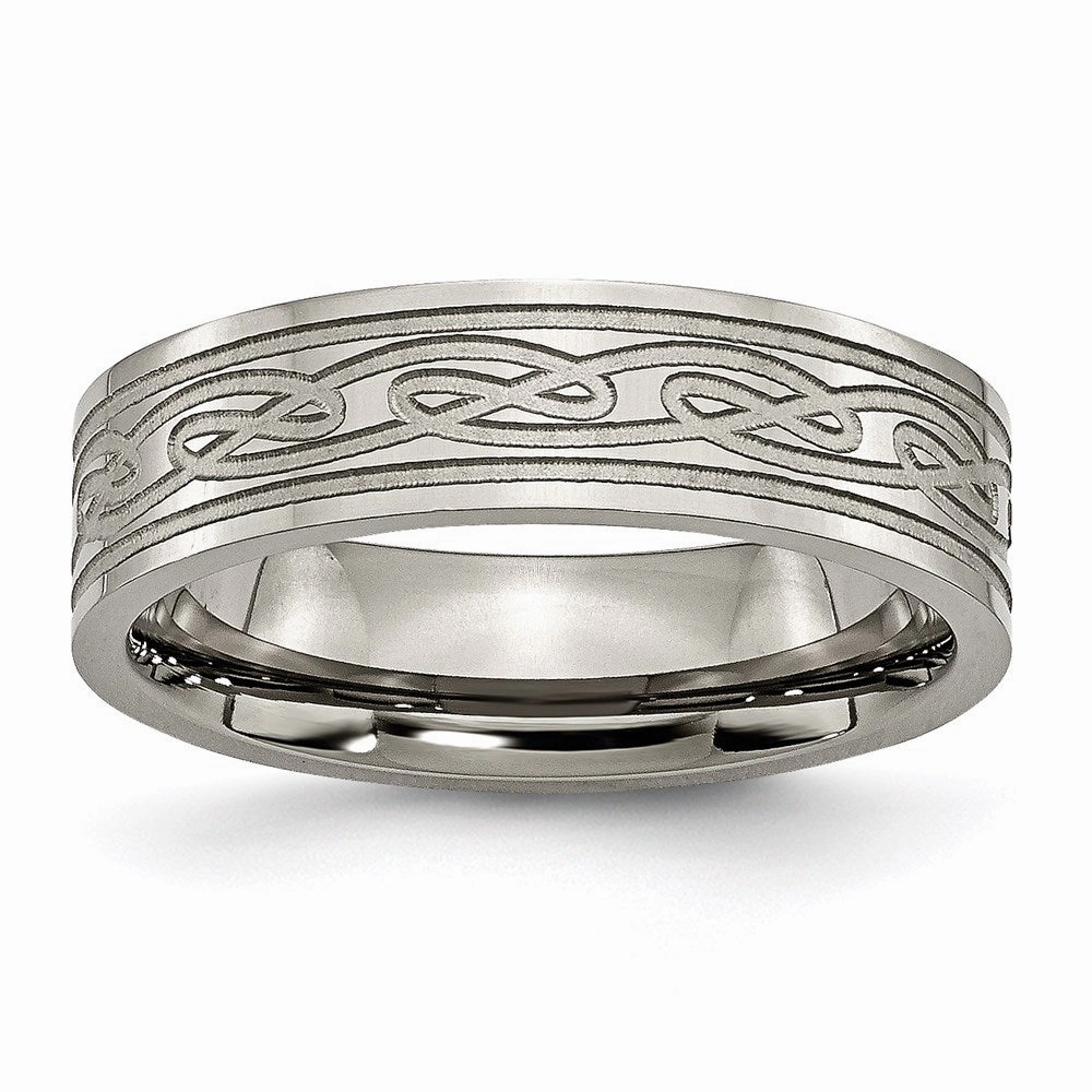 Titanium Flat Laser Etched Celtic Knot 6mm Polished Band | TB204