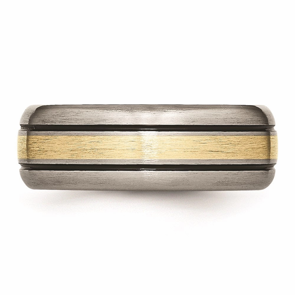 Titanium Grooved 14k Yellow Inlay 8mm Brushed and Antiqued Band | TB109