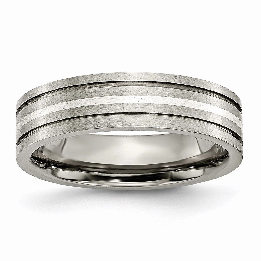 Titanium Grooved Sterling Silver Inlay 6mm Brushed Band | TB371