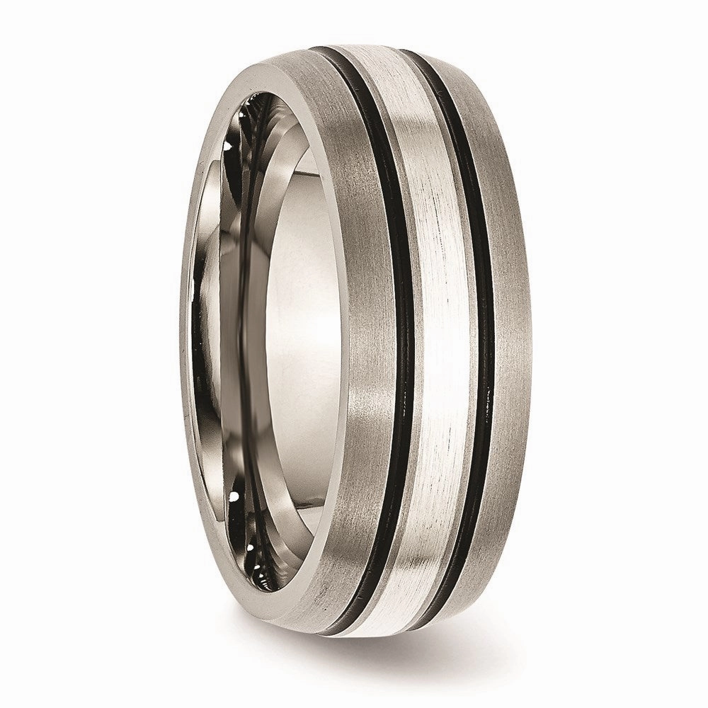 Titanium Grooved Sterling Silver Inlay 8mm Brushed/Antiqued Band | TB85