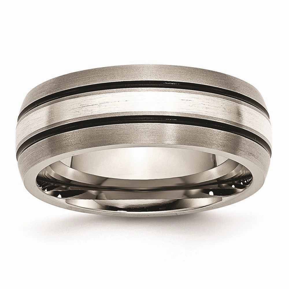 Titanium Grooved Sterling Silver Inlay 8mm Brushed/Antiqued Band | TB85