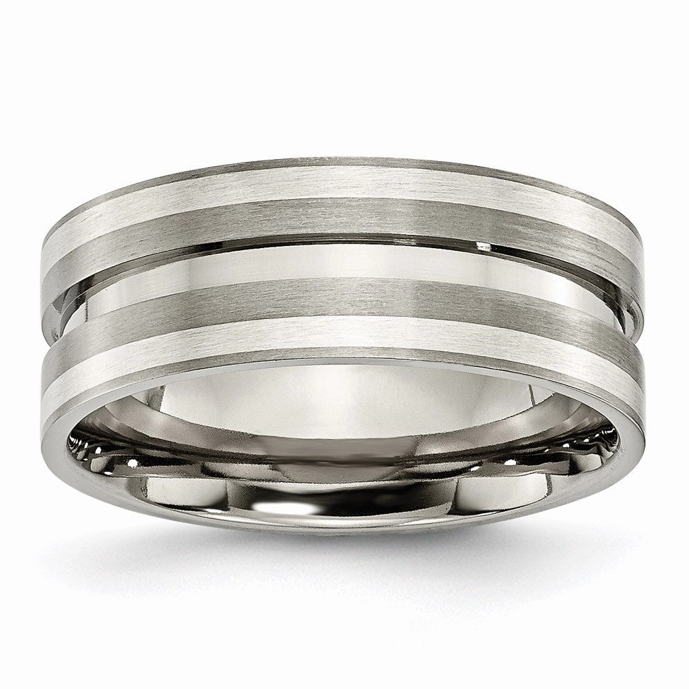 Titanium Grooved Sterling Silver Inlay 8mm Brushed Band | TB215