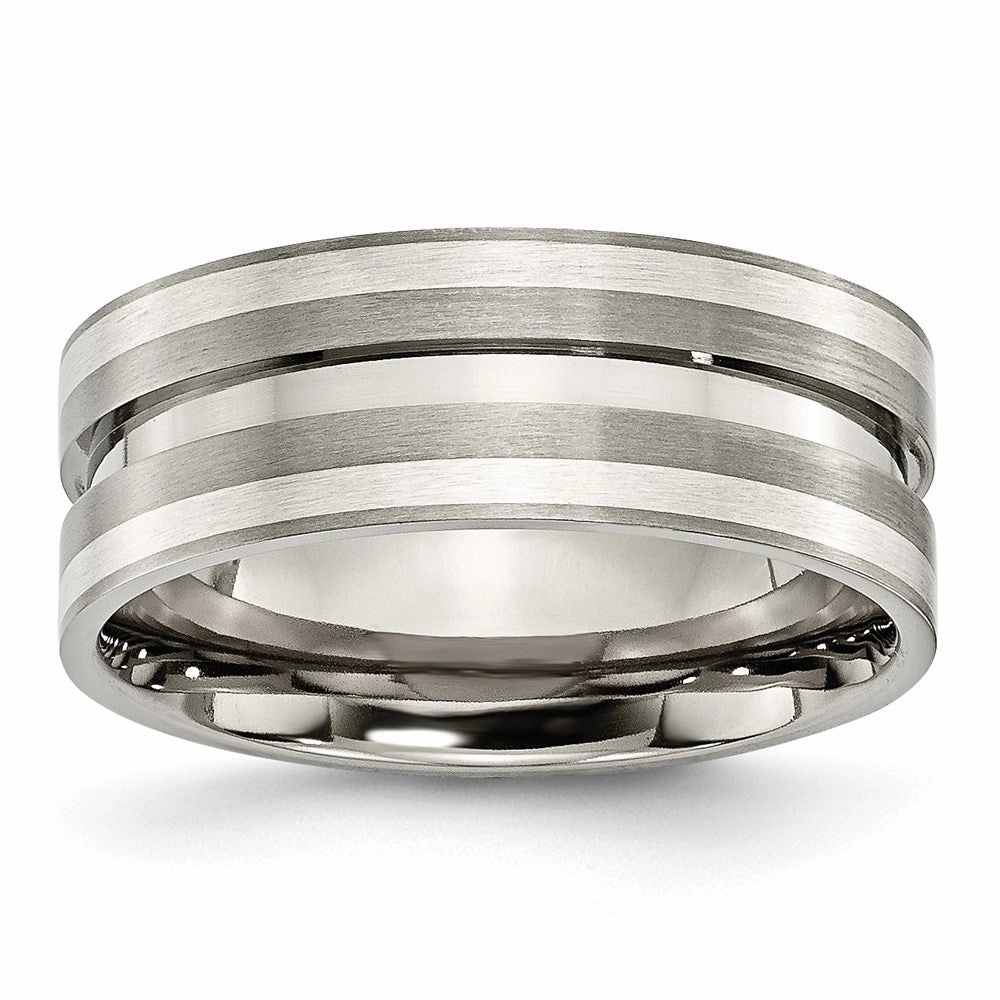 Titanium Grooved Sterling Silver Inlay 8mm Brushed Band | TB215