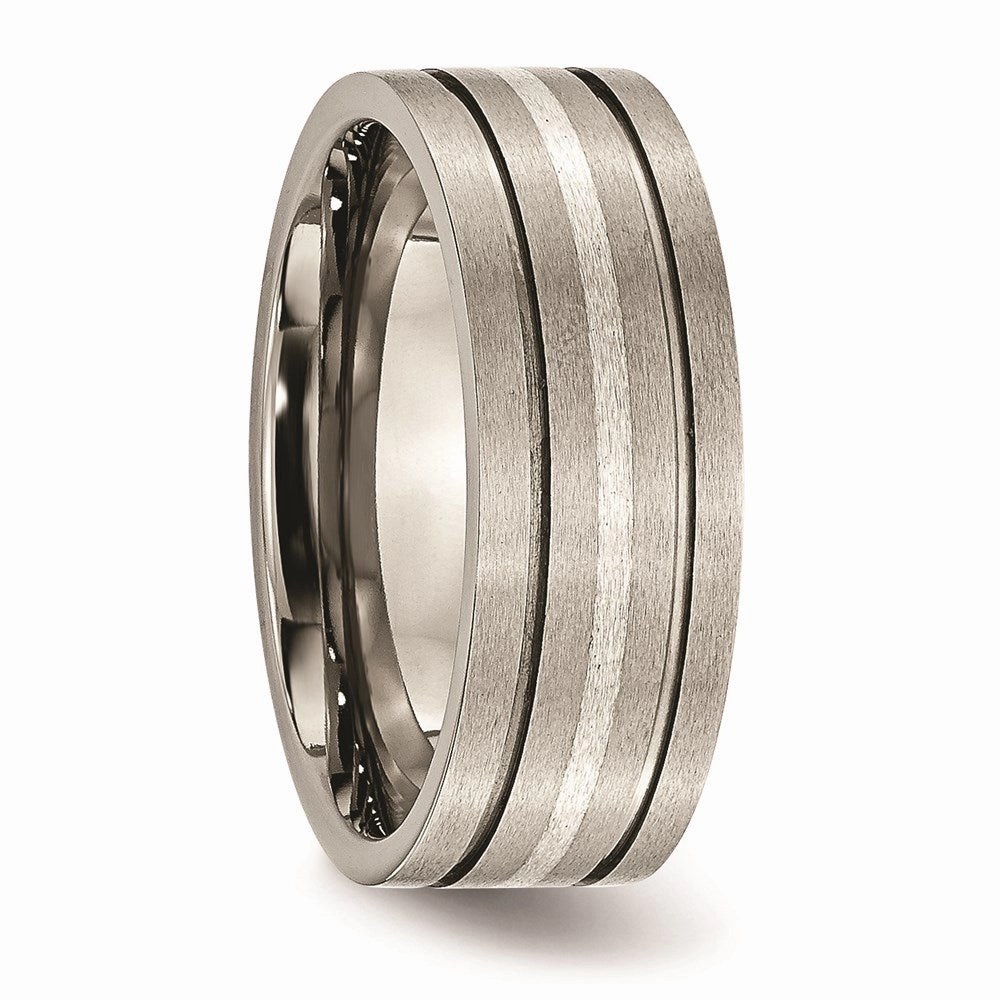 Titanium Grooved Sterling Silver Inlay 8mm Brushed Band | TB372