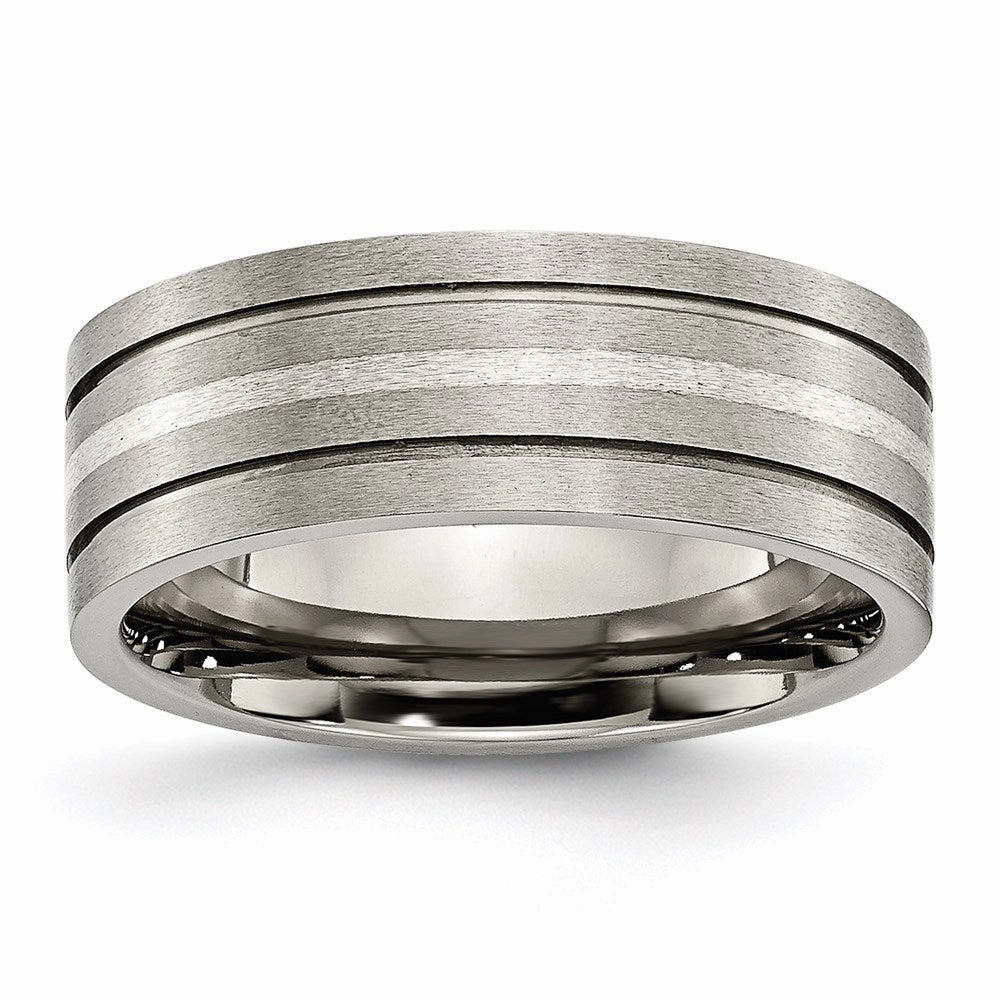 Titanium Grooved Sterling Silver Inlay 8mm Brushed Band | TB372