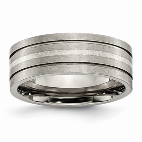 Titanium Grooved Sterling Silver Inlay 8mm Brushed Band | TB372