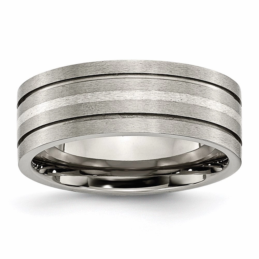 Titanium Grooved Sterling Silver Inlay 8mm Brushed Band | TB372
